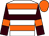 White, orange and brown hoops, brown sleeves, orange armlets, orange cap (Susan Miller)