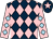 Dark blue and pink diamonds, pink sleeves, light blue diamonds, dark blue cap, pink star (Mrs Yvonne Fleet & Partner)