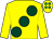 Yellow, large dark green spots, yellow cap, emerald green spots (Mrs Mary Sharkey)