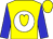 Yellow, white ball, yellow heart, blue sleeves, two yellow hoops, yellow cap (Andrea Johnson)