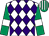 White & purple diamonds, emerald green sleeves, white armlet, emerald green & white striped cap (Ms G C Murphy)