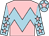 Pink, light blue chevron hoop, light blue sleeves, pink stars, light blue cap, pink star (Mr Lee Tze Bun Marces)