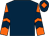 Dark blue, orange and dark blue chevrons on sleeves, dark blue cap, orange diamond (Mrs C Brown & Partner)