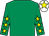 Emerald green, yellow stars on sleeves, white cap, yellow star (Quinn & Co)