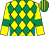 Yellow and emerald green diamonds, yellow sleeves, emerald green armlets, emerald green and yellow striped cap (Lightning Charlie Partnership)