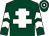 Dark green, white cross of lorraine, white chevrons on sleeves, hooped cap (Sliabh Bawn Racing Syndicate)