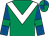 Emerald green, white chevron, royal blue sleeves, emerald green armlets, emerald green and royal blue quartered cap (The Jack High Racing Partnership)