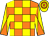 Fluorescent orange & yellow blocks, diabolo on sleeves, yellow & orange hooped cap (Bobby Flay)
