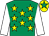 Emerald green, yellow stars, white sleeves, yellow cap, emerald green star (Tammy Clifford)