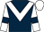 Dark blue, white chevron, white sleeves, dark blue armlets, white cap (B Vaughan & Rose Farm Developments)