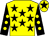 Yellow, black stars, black sleeves, yellow spots, yellow cap, black star (Mrs Paula Williams)