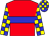 Red, blue hoop, blue and yellow checked sleeves and cap (Mr K M Smith)