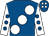 Royal blue, large white spots, white sleeves, royal blue spots, royal blue cap, white spots (Huggymac Racing)