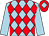 Light blue and red diamonds, light blue sleeves, red cap, light blue diamond (The Hon R J Arculli)