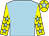Light blue, yellow sleeves, light blue stars, yellow cap, light blue star (Miss T Kearney)