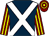Dark blue, white cross belts, maroon and yellow striped sleeves, hooped cap (Lamont Racing)