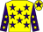 Yellow, purple stars, purple sleeves, yellow stars, yellow cap, purple star (Daddies Girl Partnership)