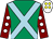 Emerald green, light blue cross sashes, maroon sleeves, white spots, white cap, yellow spots (Jensen & Hedges Syndicate)