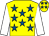 Yellow, royal blue stars, white sleeves, yellow cap, royal blue stars (Knockmore Syndicate)
