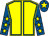 Yellow, royal blue seams, royal blue sleeves, yellow stars, royal blue cap, yellow star (The Golden Horse Racing Club)