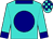 Turquoise, navy blue disc, collar and cuffs, check cap (Dr J A E Hobby)