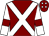 Maroon, white cross sashes, white sleeves, maroon armlet, maroon cap, white diamonds (Hat Creek Racing Syndicate)
