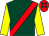 Dark green, red sash, yellow sleeves, red cap, dark green spots (Mrs Shirley France)