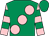 Emerald green, large pink spots, pink & emerald green hooped sleeves, emerald green cap (Mrs P Halley)
