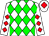 white, green diamonds, red diamonds on sleeves, red diamond on white cap (Pharitz Arabians)