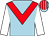 Light blue, red chevron, white sleeves, light blue & red striped cap (Paul Doolin)