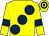 Yellow, large dark blue spots and armlets, hooped cap (Mrs M B Thwaites)