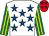 White, royal blue stars, emerald green & yellow striped sleeves, red cap, royal blue stars (P J Kavanagh)
