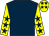 Dark blue, yellow sleeves, dark blue stars, yellow cap,dark blue stars (Mrs R Lyon & Mr P R Chamings)
