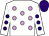 White, lilac dots, purple dots on white sleeves, purple cap (Julie Ayres)
