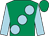 Emerald green, large light blue spots, light blue sleeves, emerald green cap (Michael Smith)