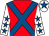 Red, royal blue cross belts, white sleeves, royal blue stars, white cap, royal blue star (The Corse Lawners)