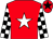Red, white star, black and white check sleeves, red cap, black star (Mrs Janice Quy)