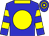 Blue, yellow ball, yellow collar, yellow hoops on sleeves, blue and yellow hooped cap (Smart Choice Stable)