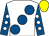 White, large royal blue spots, royal blue sleeves, white spots, yellow cap (Mrs Ailish Glynn)