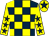 Dark blue and yellow check, yellow sleeves, dark blue stars, yellow cap, dark blue star (Slis Ltd, Mr M Gibbons & Mr D Nott)