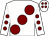 White, large maroon spots, maroon spots on sleeves, white cap, maroon spots (J A Tierney)