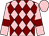 Pink and maroon diamonds, pink sleeves, maroon armlets, pink cap (Miss Joanna Needham)
