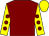 Maroon, yellow sleeves, maroon spots, yellow cap (Mr Keith Tollick)