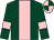 Dark green, pink panel, pink armlet, quartered cap (Ms M McDowall)