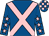 Royal blue, pink cross belts, royal blue sleeves, pink stars, check cap (Mrs S L Edwards)