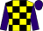 Yellow and black check, purple sleeves and cap (D M Synergy & Mark Wellbelove)