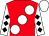 Red, large white spots, white sleeves, black diamonds, white cap (007 Partnership)