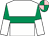 White, emerald green hoop, emerald green and white halved sleeves, emerald green and pink quartered cap (Corinne Swarbrick)