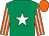 Emerald green, white star, orange & white striped sleeves, orange cap (Heads Or Harps Syndicate)