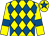 Yellow and royal blue diamonds, yellow sleeves, royal blue armlets and star on cap (Troughers Independant Traders)
